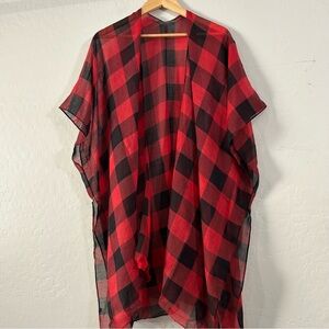 Red Black Buffalo Check Kimono Wrap One Size Sheer Lightweight Plaid Shawl
